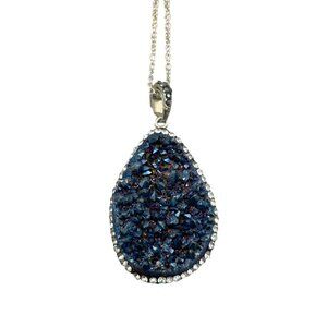 Stunning Blue Druzy Teardrop Pendant Necklace with Silver Tone Chain